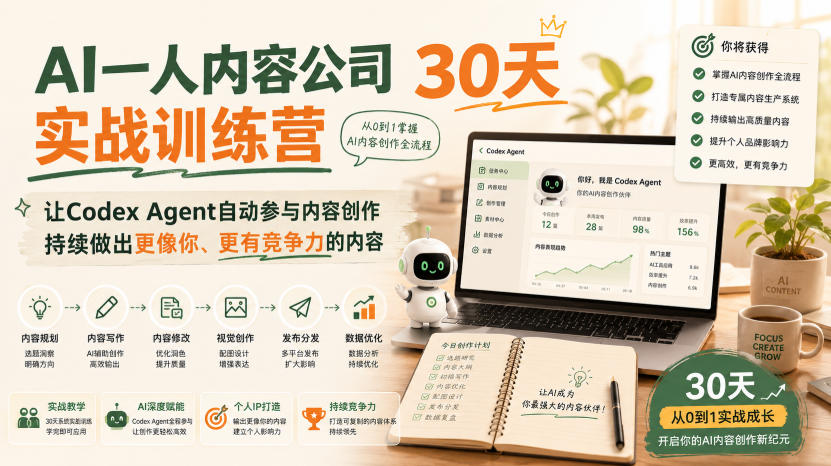 AI一人内容公司30天实战训练营,让Codex Agent自动参与内容创作持续做出更像你、更有竞争力的内容-梦清研习社