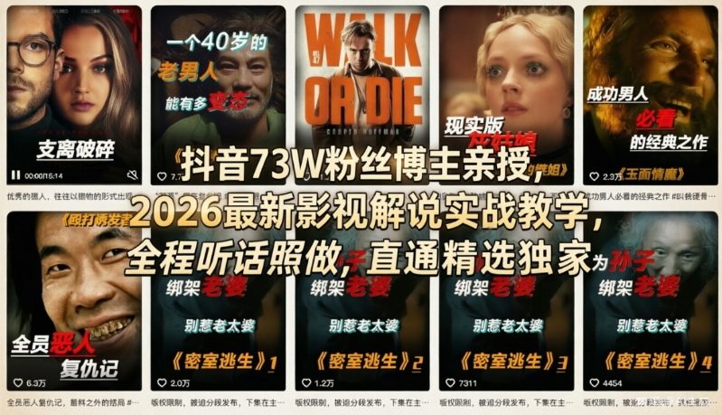 抖音73W粉丝博主亲授，2026最新影视解说实战教学，全程听话照做，直通精选独家-梦清研习社