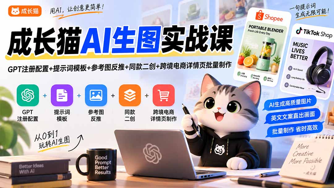 成长猫AI生图实战课｜GPT注册配置+提示词模板+参考图反推+同款二创+跨境电商详情页批量制作-梦清研习社