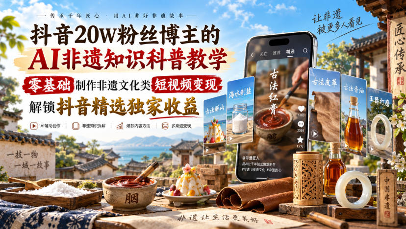 抖音20W粉丝博主的AI非遗知识科普教学，零基础制作非遗文化类短视频变现，解锁抖音精选独家收益-梦清研习社