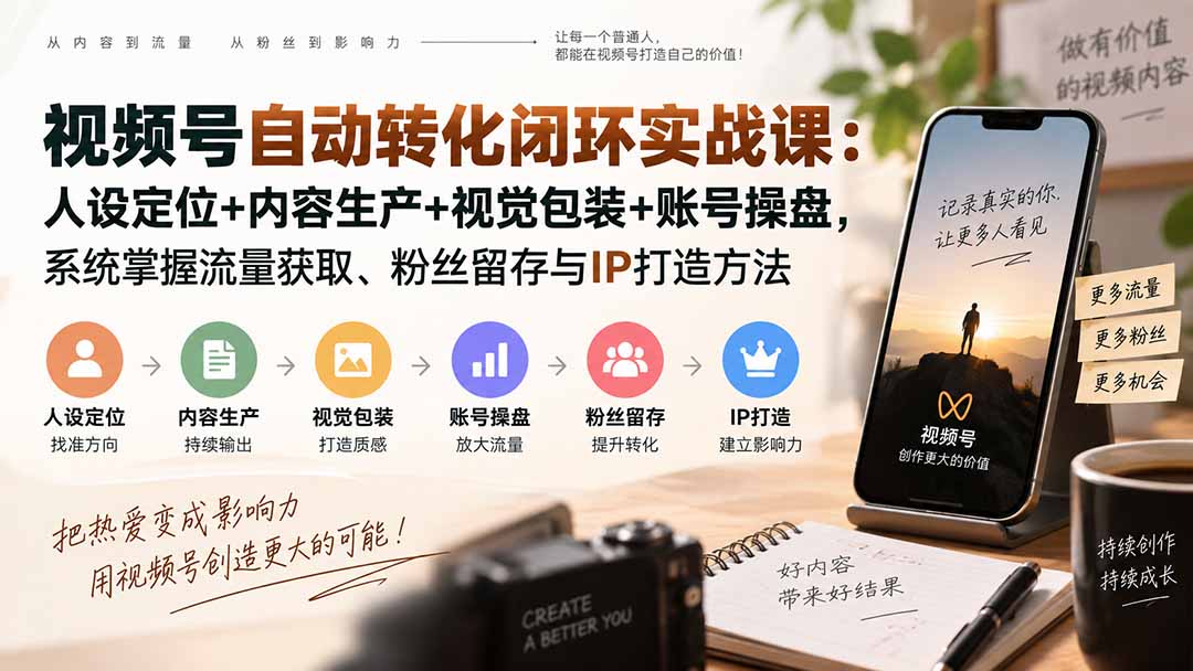 视频号自动转化闭环实战课：人设定位+内容生产+视觉包装+账号操盘，系统掌握流量获取、粉丝留存与IP打造方法-梦清研习社