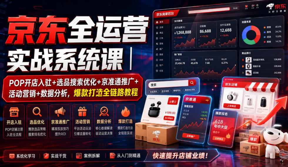京东全运营实战系统课｜POP开店入驻+选品搜索优化+京准通推广+活动营销+数据分析，爆款打造全链路教程-梦清研习社