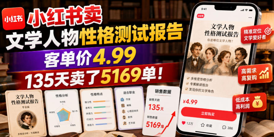 小红书卖文学人物性格测试报告，客单价4.99，135天卖了5169单！-梦清研习社