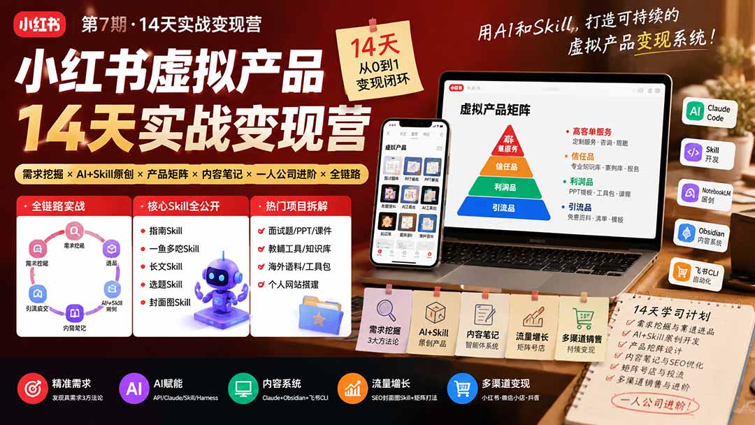 小红书虚拟产品14天实战变现营-第7期：需求挖掘×AI+Skill原创×产品矩阵×内容笔记×一人公司进阶×全链路-梦清研习社