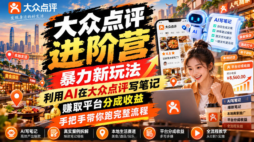 大众点评进阶营，暴力新玩法，利用AI在大众点评写笔记， 賺取平台分成收益，手把手带你跑完整流程-梦清研习社