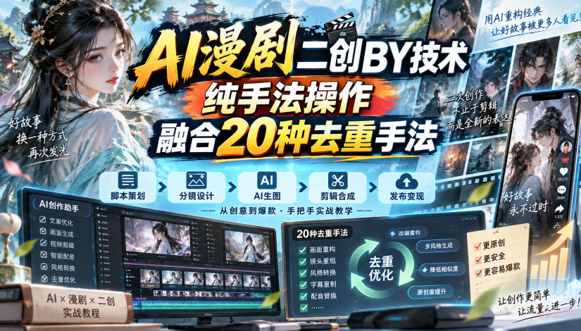 AI漫剧二创搬运技术，纯手法操作，融合20种去重手法-梦清研习社