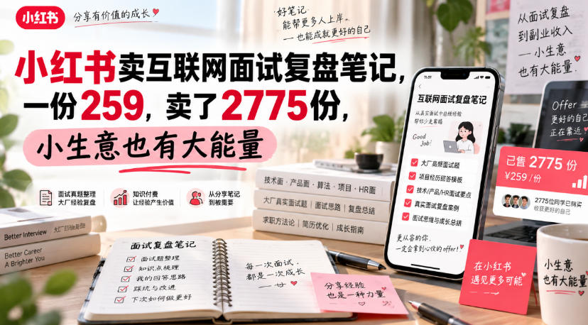 小红书卖互联网面试复盘笔记，一份259，卖了2775份，小生意也有大能量-梦清研习社