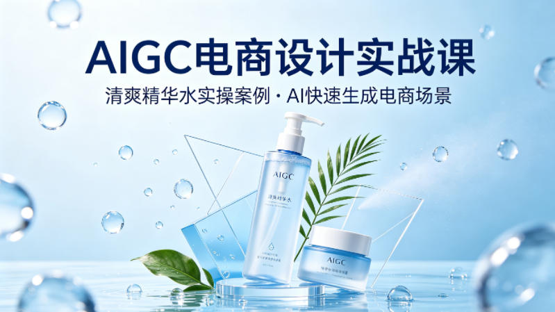 AIGC电商设计实战课，以清爽精华水为实操案例，教你用AI快速生成电商场景-梦清研习社