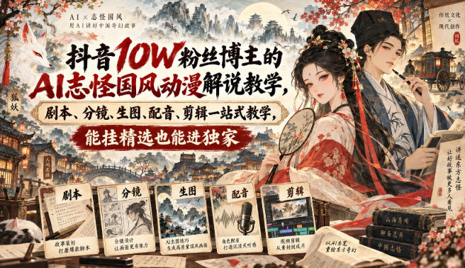 抖音10W粉丝博主满堂诡事的AI志怪国风动漫解说教学，剧本、分镜、生图、配音、剪辑一站式教学，能挂精选也能进独家​-梦清研习社