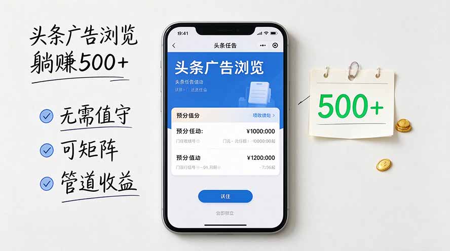 头条广告浏览躺赚500+无需值守，可矩阵并附有管道收益-梦清研习社