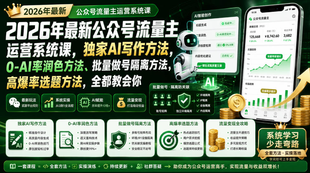2026年最新公众号流量主运营系统课,独家AI写作方法,0-AI率润色方法、批量做号隔离方法、高爆率选题方法,全都教会你-梦清研习社