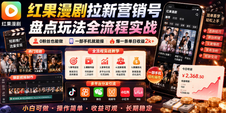 红果漫剧拉新营销号盘点玩法全流程实战,0粉丝也能做,一部手机就能做,爆一条单日收益2k+(更新0922)-梦清研习社