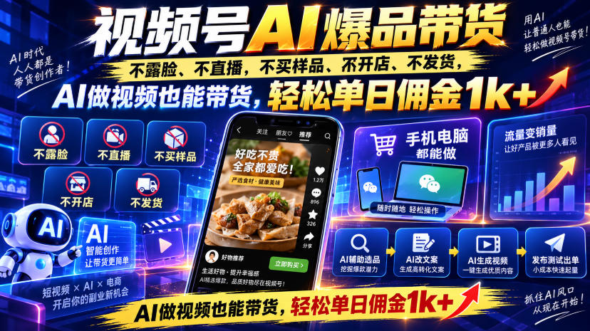 视频号Ai爆品带货，不露脸、不直播、不买样品、不开店、不发货，AI做视频也能带货，轻松单日佣金1k+-梦清研习社