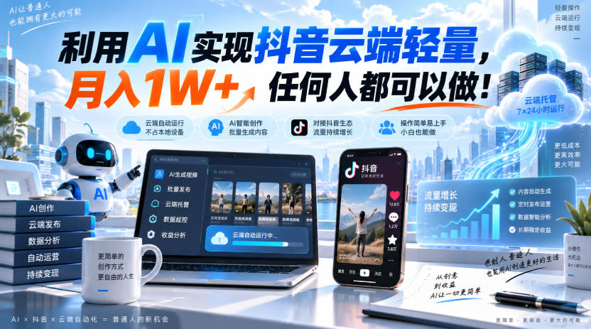 利用AI实现抖音云端轻量，月入1W+，任何人都可以做！【揭秘】-梦清研习社