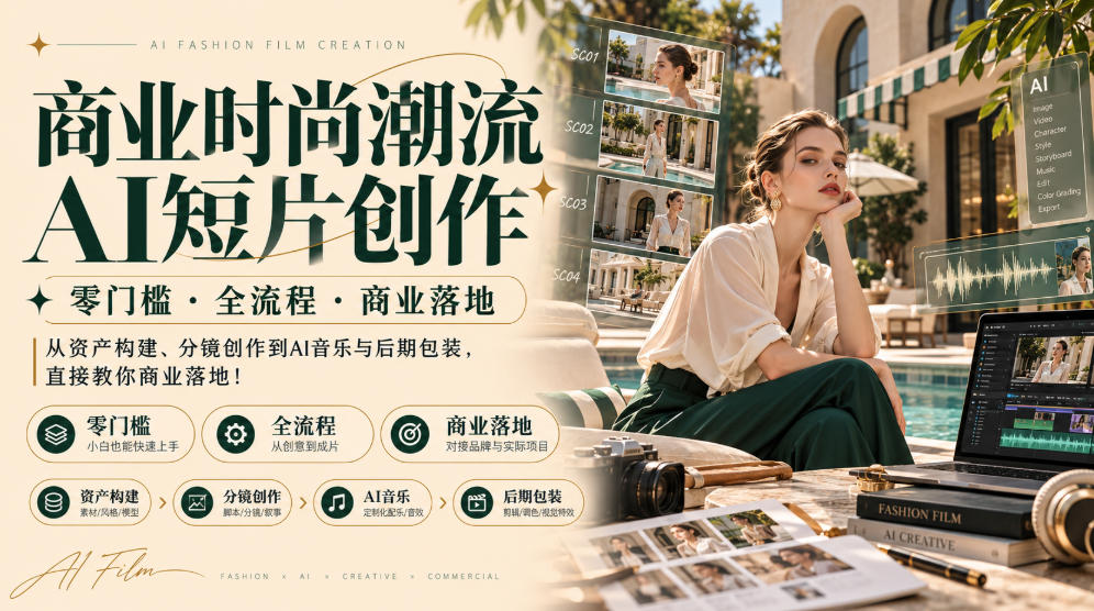 商业时尚潮流AI短片创作｜零门槛・全流程・商业落地，从资产构建、分镜创作到AI音乐与后期包装，直接教你商业落地！-梦清研习社