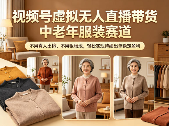视频号虚拟无人直播带货中老年服装赛道，不用真人出镜、不用租场地，轻松实现持续出单稳定盈利-梦清研习社