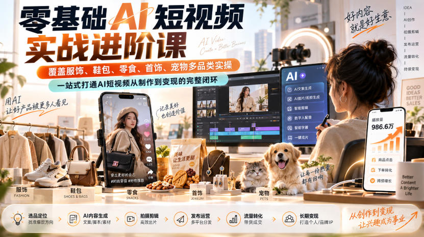零基础AI短视频实战进阶课，覆盖服饰、鞋包、零食、首饰、宠物多品类实操，一站式打通AI短视频从制作到变现的完整闭环-梦清研习社