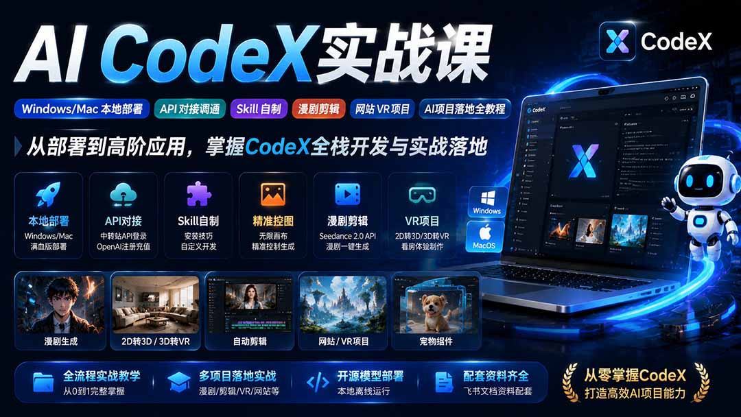 AI  CodeX实战课｜Windows/Mac 本地部署｜API 对接调通｜Skill 自制｜漫剧剪辑｜网站 VR 项目｜AI项目落地全教程-梦清研习社