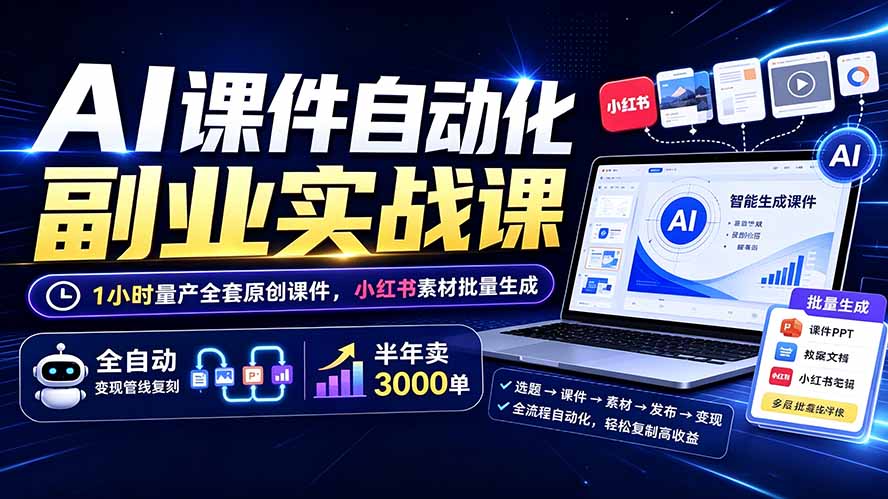 AI课件自动化副业实战课：1小时量产全套原创课件×小红书素材批量生成×全自动变现管线×半年卖3000单-梦清研习社