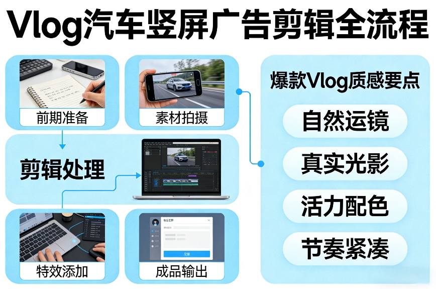 Vlog感觉汽车竖屏广告剪辑脚本全流程，拿捏爆款Vlog质感-梦清研习社