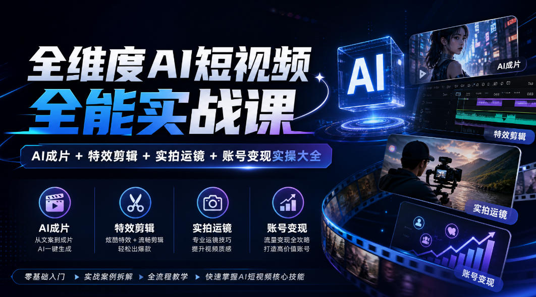 全维度AI短视频全能实战课，AI成片+特效剪辑+实拍运镜+账号变现实操大全-梦清研习社