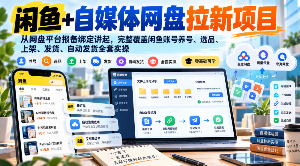 闲鱼+自媒体网盘拉新项目，从网盘平台报备绑定讲起，完整覆盖闲鱼账号养号、选品、上架、发货、自动发货全套实操-梦清研习社