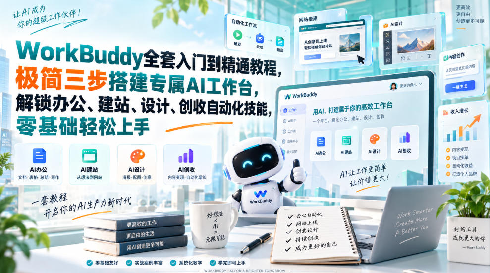 WorkBuddy全套入门到精通教程，极简三步搭建专属AI工作台，解锁办公、建站、设计、创收自动化技能，零基础轻松上手-梦清研习社