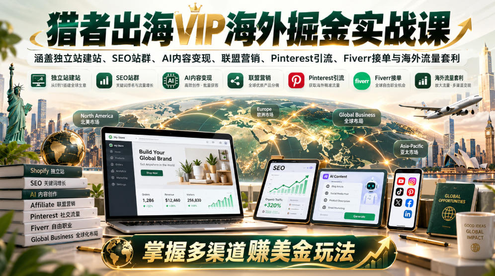 猎者出海VIP海外掘金实战课：涵盖独立站、SEO站群、AI变现、联盟营销、Pinterest引流、Fiverr接单与海外流量套利，掌握多渠道賺美金玩法-梦清研习社