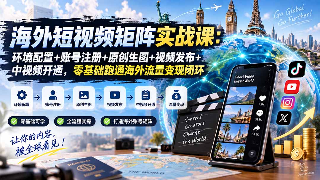 海外短视频矩阵实战课：环境配置+账号注册+原创生图+视频发布+中视频开通，零基础跑通海外流量变现闭环-梦清研习社