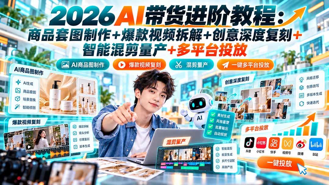 2026AI带货进阶教程：商品套图制作+爆款视频拆解+创意深度复刻+智能混剪量产+多平台投放-梦清研习社