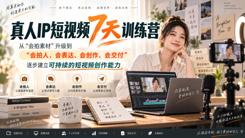 真人IP短视频7天训练营，从“会拍素材”升级到“会拍人、会表达、会创作、会交付”，逐步建立可持续的短视频创作能力-梦清研习社