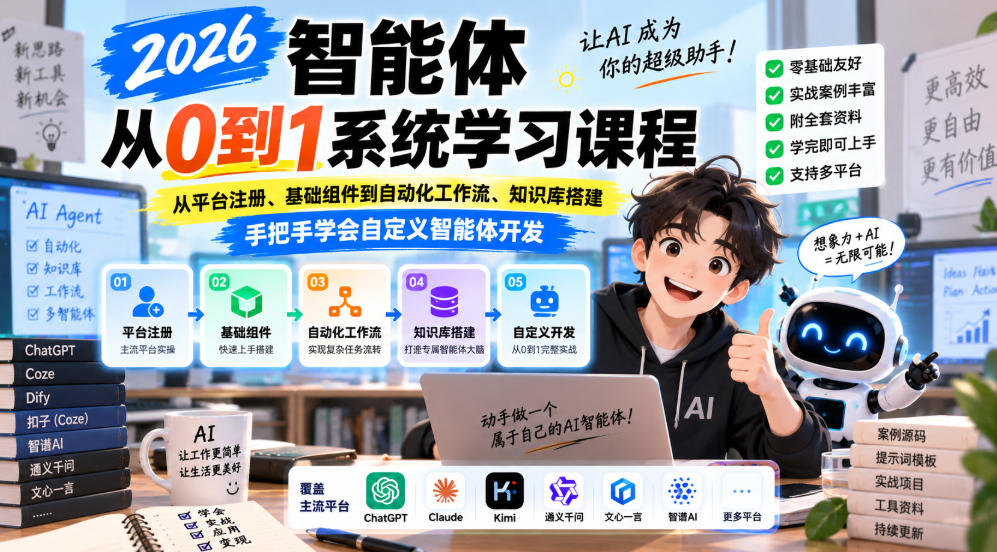 2026智能体从0到1系统学习课程，从平台注册、基础组件到自动化工作流、知识库搭建，手把手学会自定义智能体开发-梦清研习社