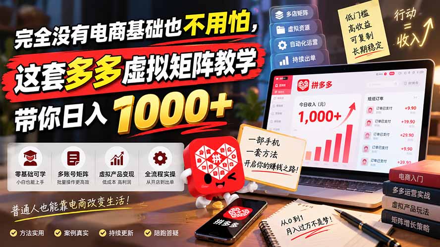 完全没有电商基础也不用怕，这套多多虚拟矩阵教学带你日入 1000+-梦清研习社