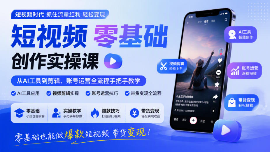 短视频零基础创作实操课,从AI工具到剪辑、账号运营全流程手把手教学,零基础也能做爆款短视频带货变现-梦清研习社