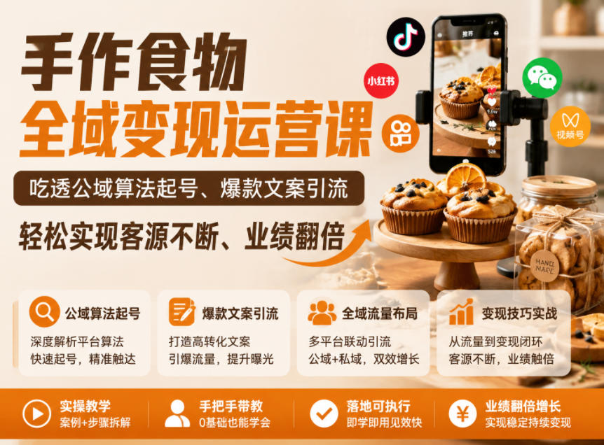手作食物全域变现运营课,吃透公域算法起号、爆款文案引流,轻松实现客源不断、业绩翻倍-梦清研习社
