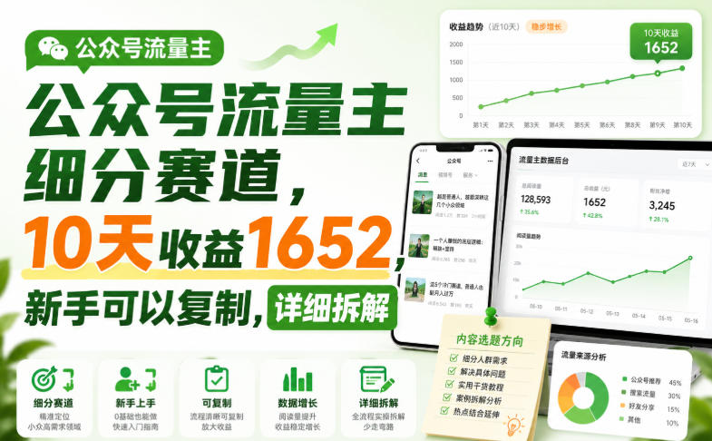 公众号流量主细分赛道，10天收益1652，新手可以复制，详细拆解-梦清研习社