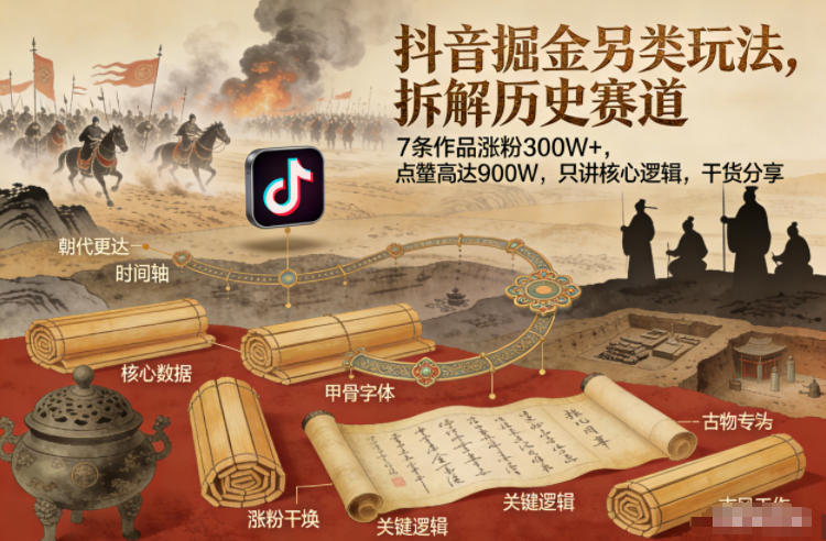 抖音掘金另类玩法，拆解历史赛道，7条作品涨粉300W+，点赞量高达900W，只讲核心逻辑，干货分享-梦清研习社