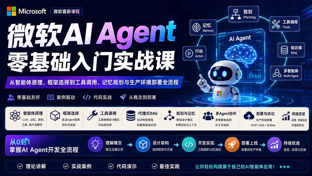 微软AI Agent零基础入门实战课：从智能体原理、框架选择到工具调用、记忆规划与生产环境部署全流程-梦清研习社