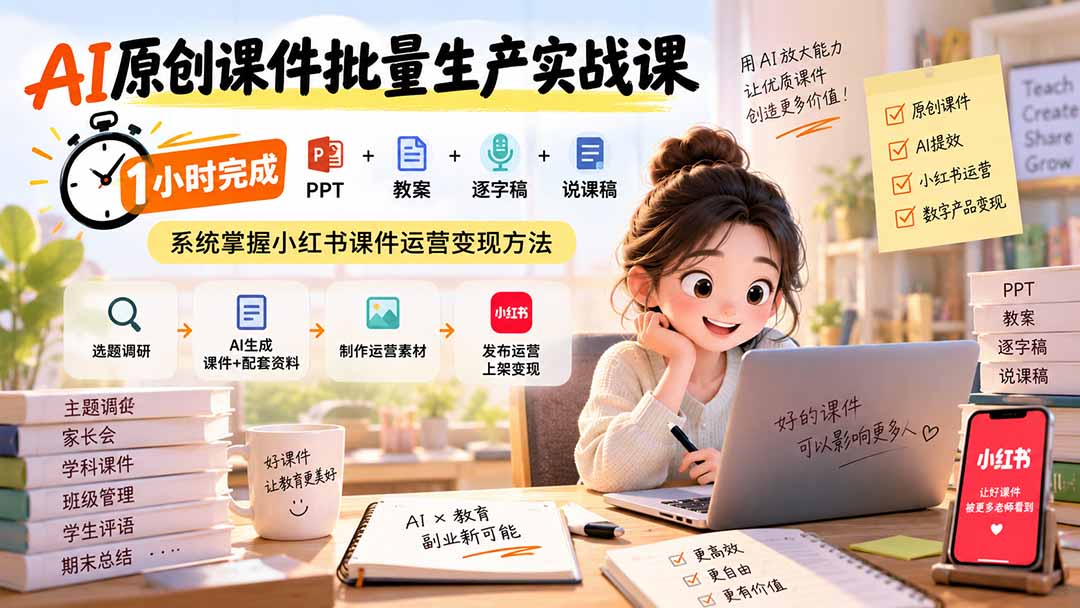 AI原创课件批量生产实战课：1小时完成PPT+教案+逐字稿+说课稿，系统掌握小红书课件运营变现方法-梦清研习社
