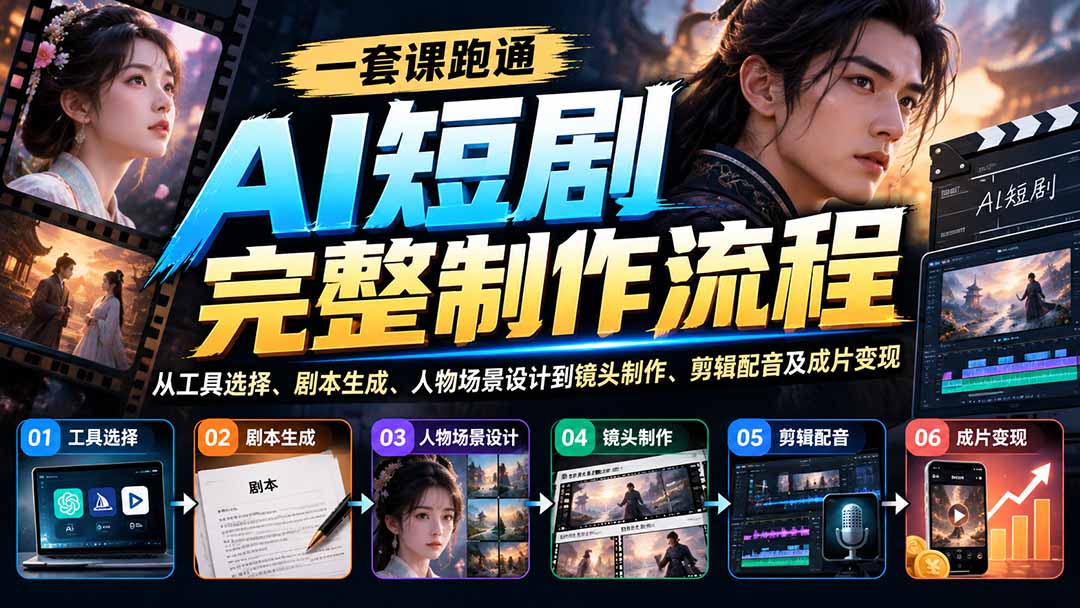 一套课跑通AI短剧完整制作流程：从工具选择、剧本生成、人物场景设计到镜头制作、剪辑配音及成片变现-梦清研习社