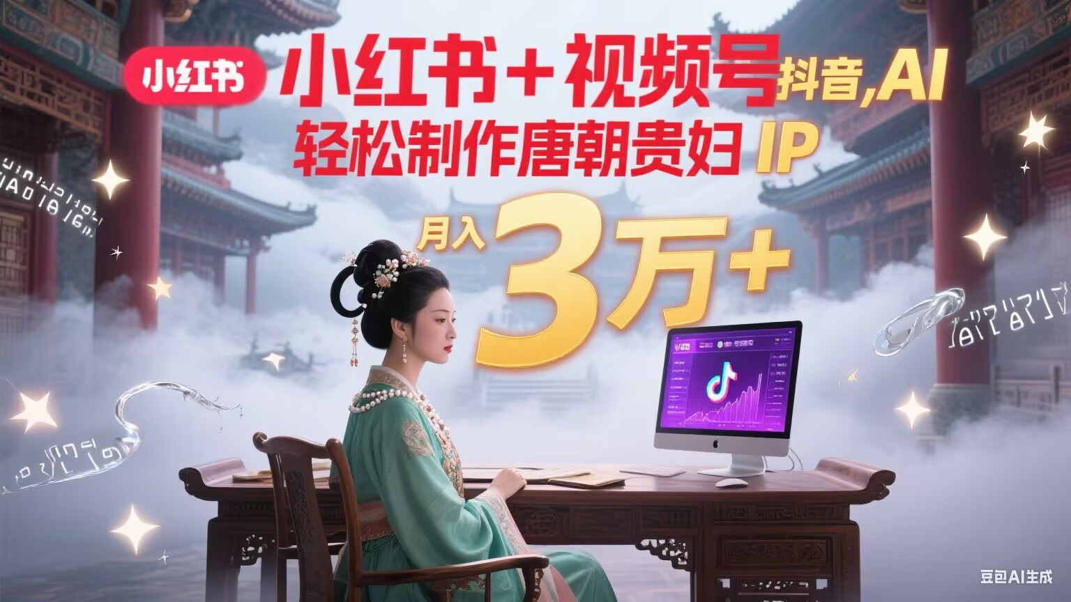小红书+视频号+抖音，AI轻松制作唐朝贵妇IP，毒鸡汤、励志、减肥瘦身、养生赛道轻松切入，每天30分钟，轻松产出N条，月入3万+-梦清研习社