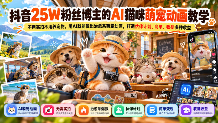 抖音25W粉丝博主的AI猫咪萌宠动画教学,不用实拍不用养宠物,用AI就能做出治愈系萌宠动画,打通伙伴计划、商单、收徒多种收益-梦清研习社
