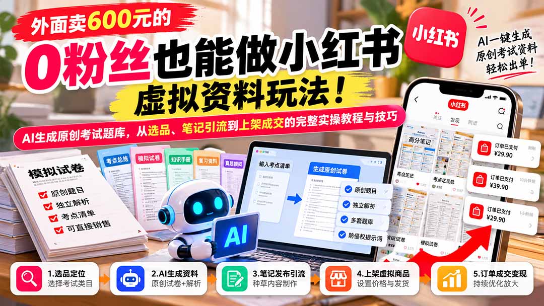 外面卖600元的 零粉丝也能做小红书虚拟资料玩法！AI生成原创考试题库，从选品、笔记引流到上架成交的完整实操教程-梦清研习社