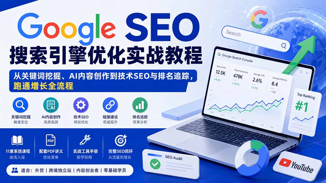 Google SEO搜索引擎优化实战教程：从关键词挖掘、AI内容创作到技术SEO与排名追踪，跑通增长全流程-梦清研习社