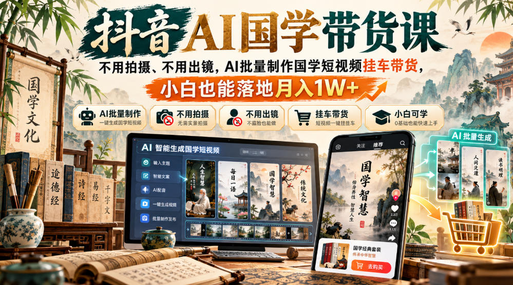 抖音AI国学带货课，不用拍摄、不用出镜，AI批量制作国学短视频挂车带货，小白也能落地月入1W+-梦清研习社