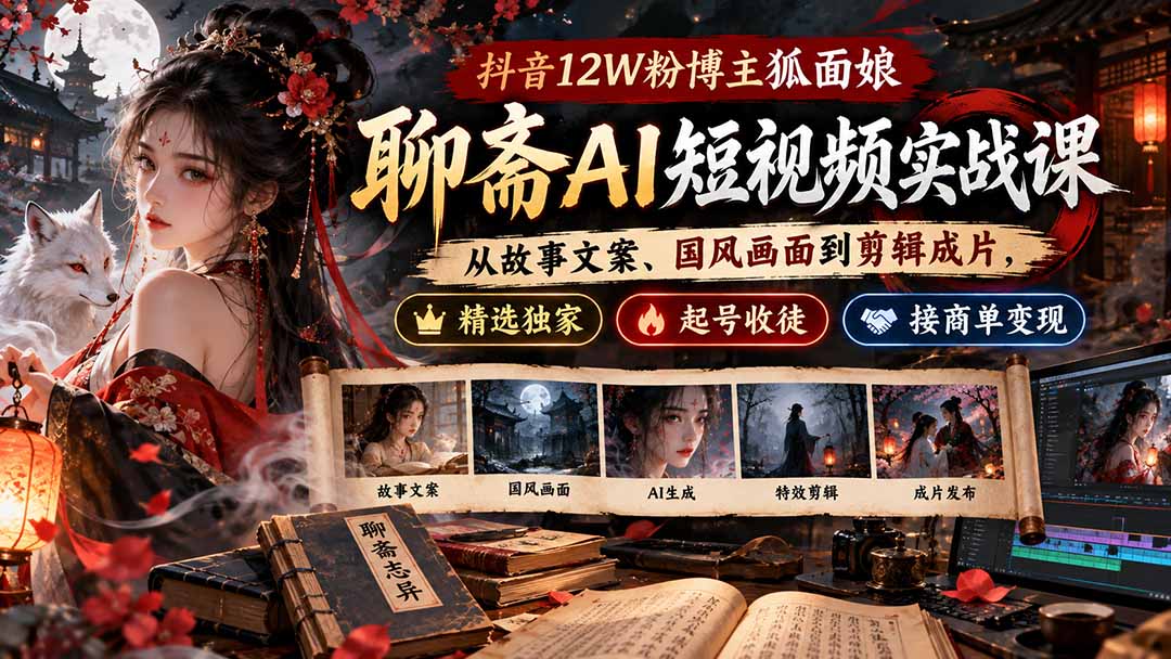 抖音12W粉博主狐面娘-聊斋AI短视频实战课：从故事文案、国风画面到剪辑成片，精选独家+起号收徒+接商单变现-梦清研习社