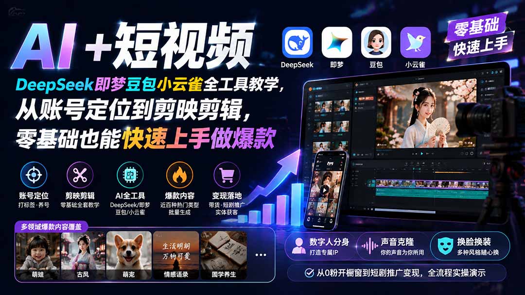 AI+短视频｜DeepSeek即梦豆包小云雀全工具教学，从账号定位到剪映剪辑，零基础也能快速上手做爆款-梦清研习社