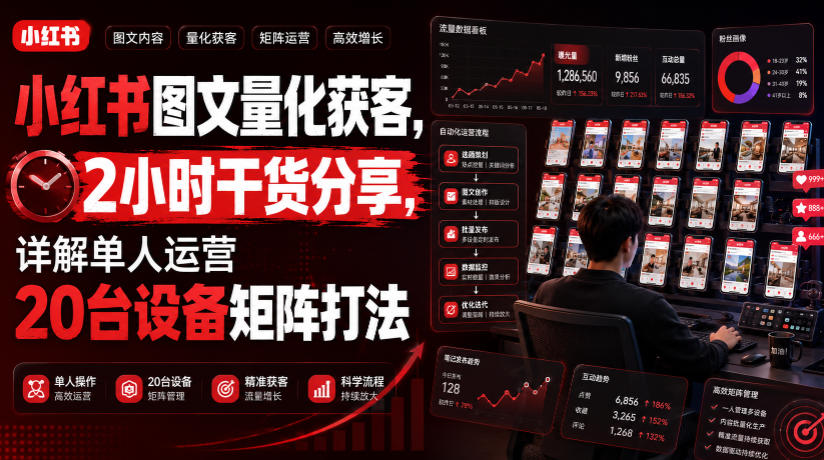 小红书图文量化获客，2小时干货分享，详解单人运营20台设备矩阵打法-梦清研习社