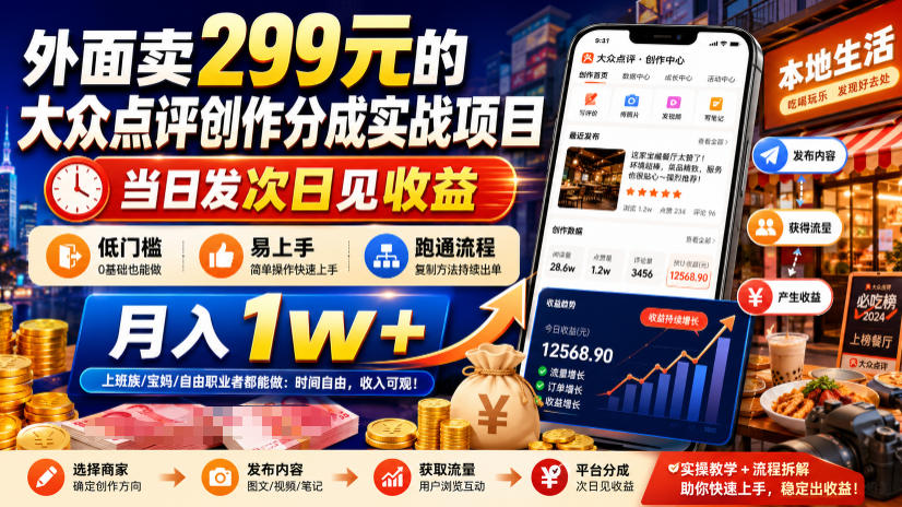 外面卖299元的大众点评创作分成实战项目，当日发次日见收益，低门槛易上手，跑通流程月入1w+-梦清研习社