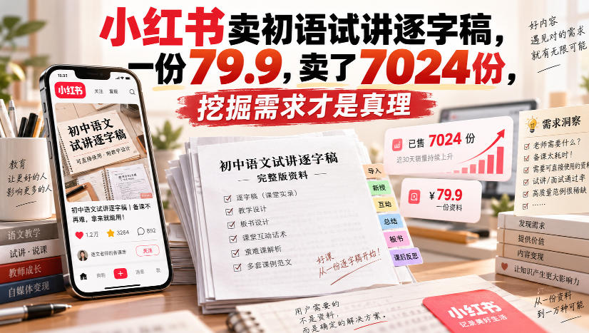 小红书卖初语试讲逐字稿，一份79.9，卖了7024份，挖掘需求才是真理-梦清研习社